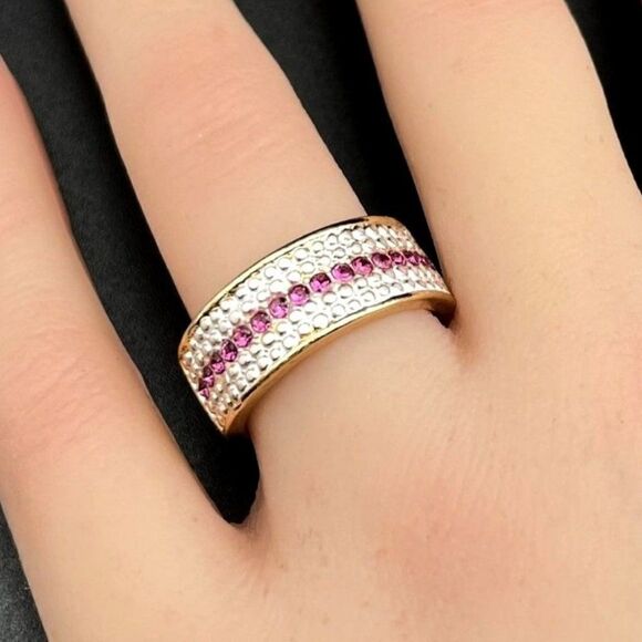 Yellow Gold with Pink Sapphire Crystal Milgrain Band Ring Size 11 - Picture 1 of 9